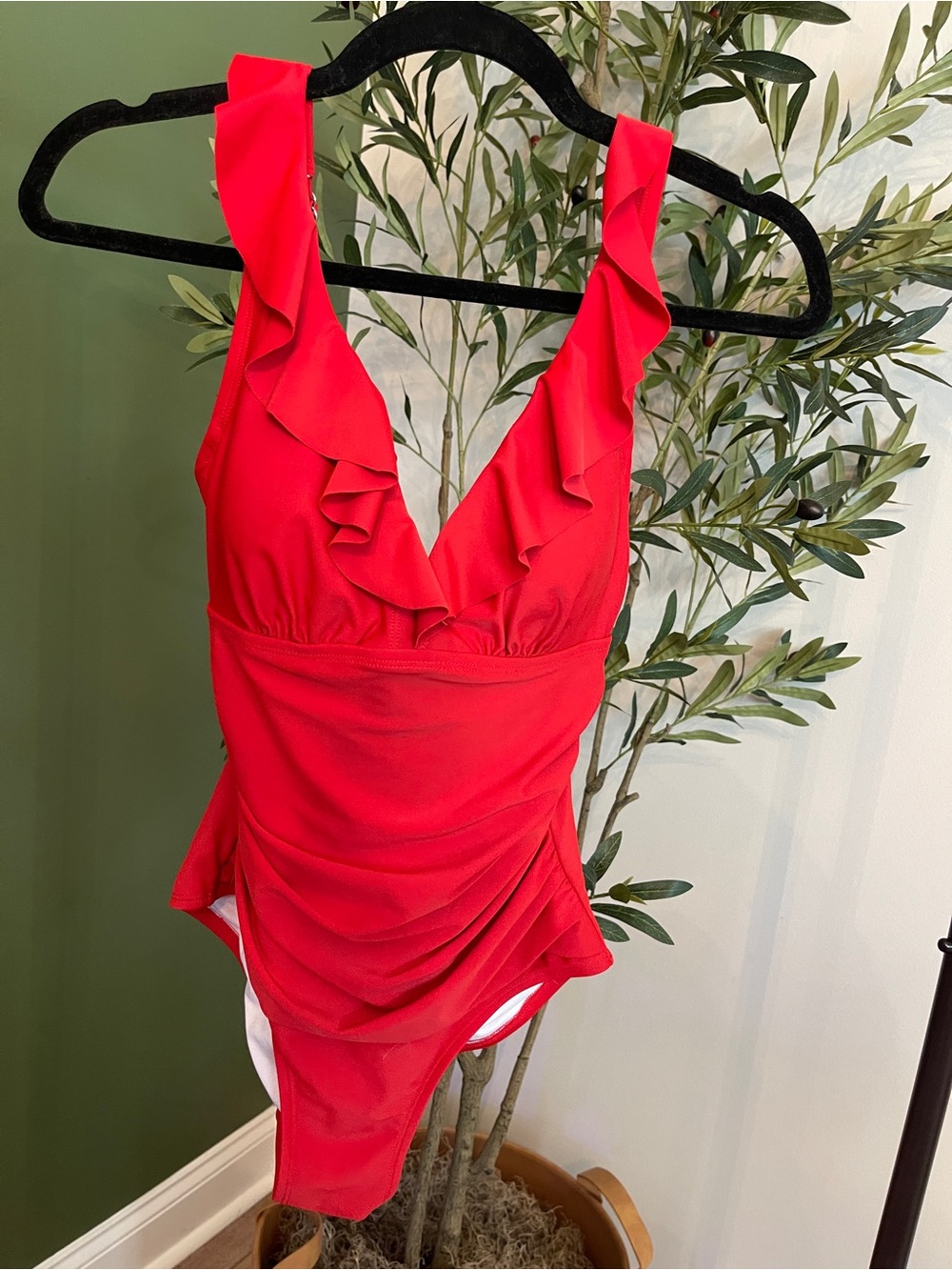 DKNY Bright Red Ruffle V-Neck One-Piece Swimsuit
